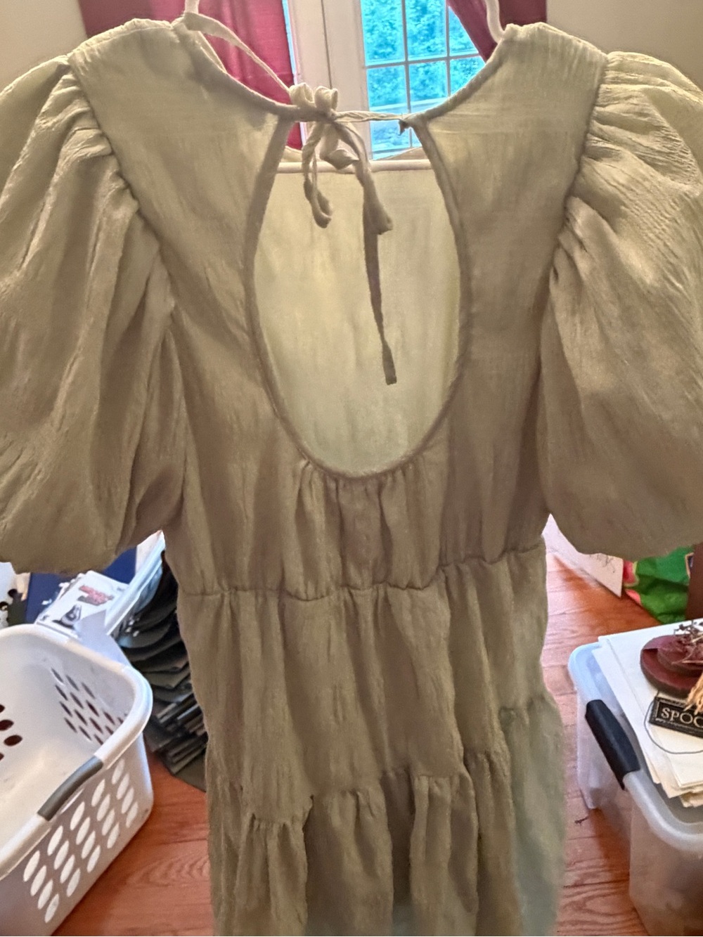 Light Sage Puff Sleeve Tiered Midi Dress - Picture 2 of 2